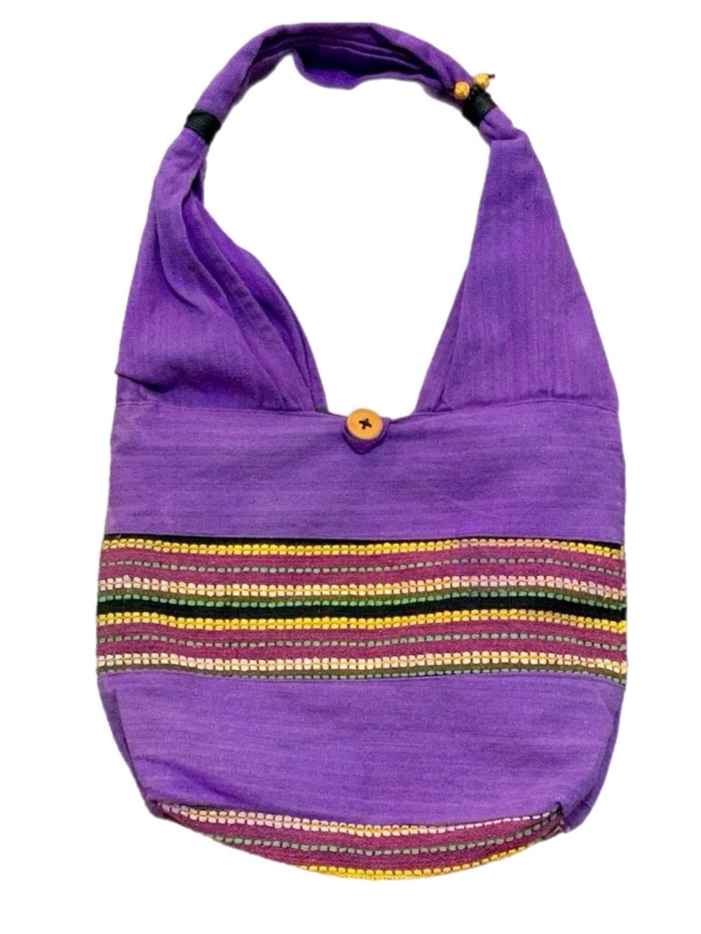 Slouchy Hobo Bag Cotton Purple Colorful Embroidered Stripes Hippie Retro